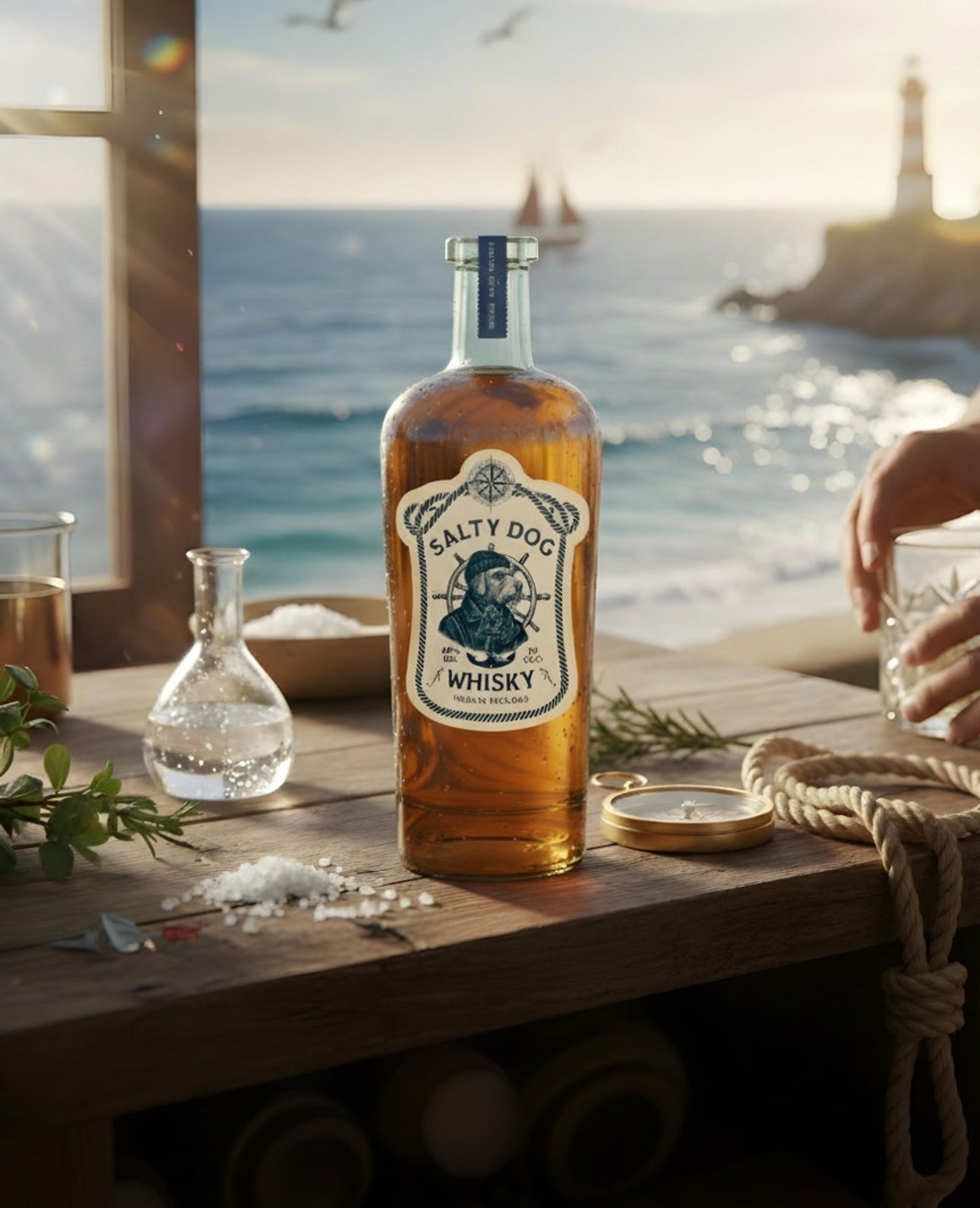 Salty Dog Whisky being poured at beach